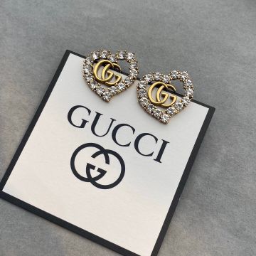 Replica Gucci Metal Aged Finish  Crystal Double G Heart Earrings For Female Fashion Jewelry 