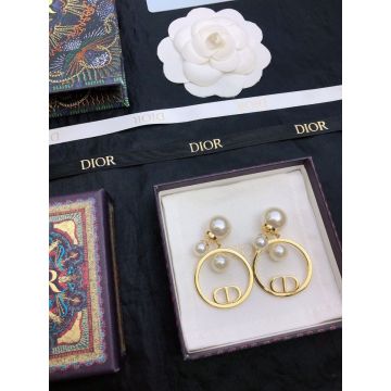  Dior CD Navy White Resin Pearl Embellished Gold Finish Single Hoop CD Logo Women'S Classic Earrings