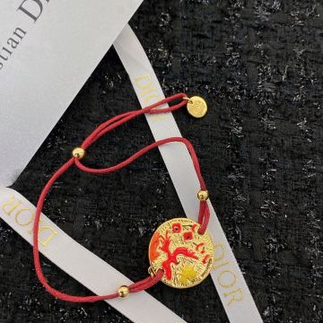Replica Dior Phoenix Pattern Engraved Lacquer Embellished Gold Medallion Charm Ladies Limited Red Rope Bracelet