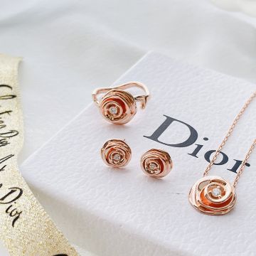  Rose Dior Couture Series Rose Gold Rose Flower Shaped Square Crystal Pistil Large Jewelry Set Necklace/Earrings/Ring JRCO95004_0000/JRCO95005_0000/JRCO95006_0000