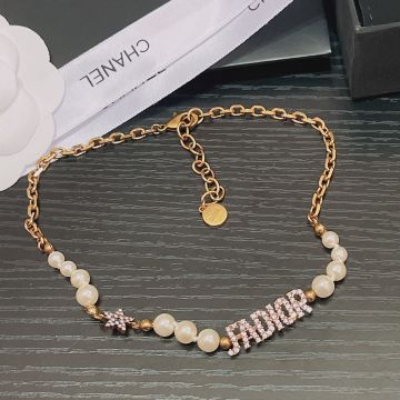  Dior J'Adior Antique Gold Finish Metal Chain White Resin Beads Crystal Signature Women'S Short Necklace N1113ADRCY_D908