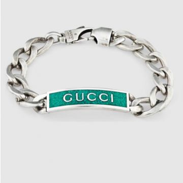 Gucci Unisex Green Enamel Brand Logo Gourmette Chain Silver Elegant Bracelet Best Quality 678712 J8410 8183