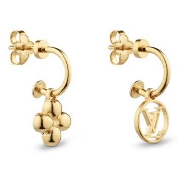 Hot Selling Louis Vuitton Blossom Asymmetric Flower & LV Circle Pendant Yellow Gold  Earrings For Ladies M64859 