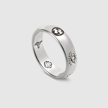  Hot Selling Gucci Blind For Love Interlocking G Flower Birds Pattern Unisex Silver  Thin Ring Fashion Couple Ring 455247 J8400 0701
