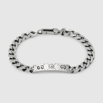 2021 Men Fashion Gucci Ghost GG Logo Ghost Pattern Bar Pendant Popular 925 Sterling Silver Clasp Closure Curb Chain Bracelet 455321 J8400 0701
