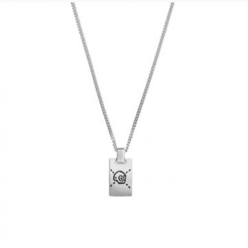 Fake Hot Selling Gucci Ghost Pattern Engraved Rectangular Silver Pendant Necklace Unisex Street Art 455315 J8400 0701