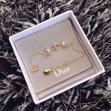 Good Price Dior Yellow Gold Adjustable Chain White Pearl Beads Ladies CD Logo Bracelet Online