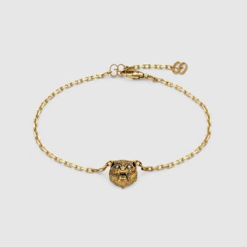 2021 Latest Gucci Le Marche Des Merveilles Black Onyx Feline Head Motif Women Diamond Chain Bracelet 502852 J85L0 8093