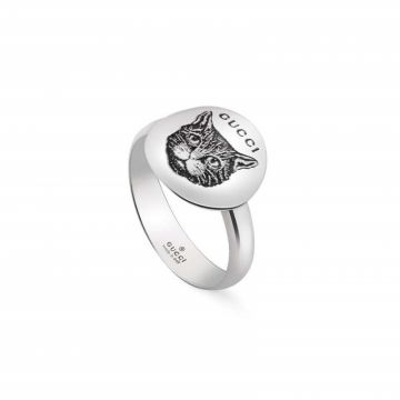  Most Popular Gucci Blind For Love Logo Detail Mystic Cat Pattern Round Aged Sterling Silver Ring For Ladies 
