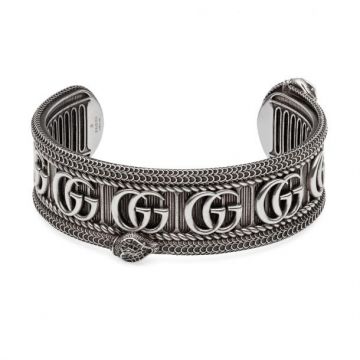 Gucci Snake Design Double G Motif Three-dimensional Striped Trimming Antique 925 Sterling Silver Cuff Bracelet Men Jewelery