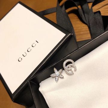  2021 Most Luxury Gucci Double G Floral Female Paved Diamonds Asymmetry 925 Sterling Silver Stud Earrings US Price