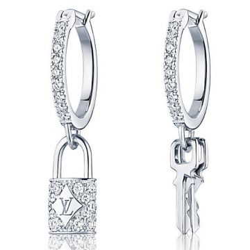 New Imitation Replica Louis Vuitton Lock It Ladies Premium Lock Key Asymmetric White Gold Diamond Hoop Earrings Best Discount