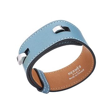 Hermes  Silver Plated Hook Clasp Latest Design Light Blue Leather Bracelet On Sale