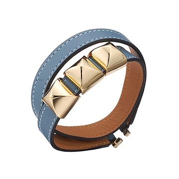 Hermes Double Wrap Slim Light Blue Leather Bracelet Yellow Gold Plated Pyramid Trim Clone