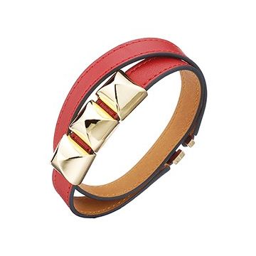 Knockoff Hermes Double Wrap Strap Red Leather Bracelet Gold Plated Pyramid Hardware Price Australia