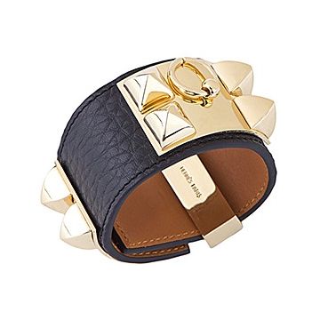 Hermes Collier De Chien Brass Stud Black Leather Wide Bracelet Unisex Style US H068440CC89L