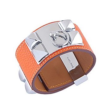 Hermes Women's Collier De Chien Silver Plated Hardware Orange Leather Wide Bracelet UK H066129CK8VL 