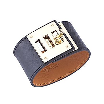 Hermes Kelly Dog Brass Turnlock Black Leather Wide Bracelet Unique Style For Sale Unisex