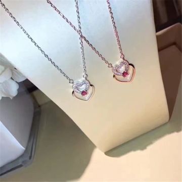 Knockoff Cartier Double Hearts  Pink/White Crystals Pendant Silver/Rose Gold-plated Chain Necklace Sweet Lady Canada