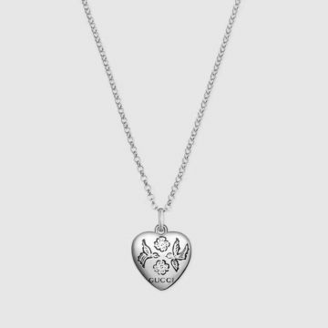 Replica Unisex Gucci Blind For Love Engraved Eye Flower Bird Heart Shape Pendant Sterling Silver Necklace 455542 J8400 0701