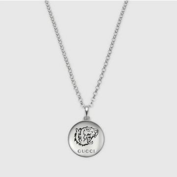 Fake Gucci Blind For Love Couple Sterling Silver Engraved Tiger Head Round Pendant Chain Necklace 455541 J8400 0701