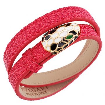 Bvlgari Serpenti Red Leather Bracelet White/Black Enamel Snake Head Sexy Style For Lady USA Replica