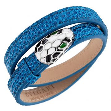 Bvlgari Serpenti Silver Studded Blue Leather Bracelet White Black Enamel Valentine Gift Tide Girl Sale 