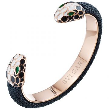 Best Sale Bvlgari Serpenti Forever Black Leather Double Rose-Gold Hardware Open Cuff Bracelet