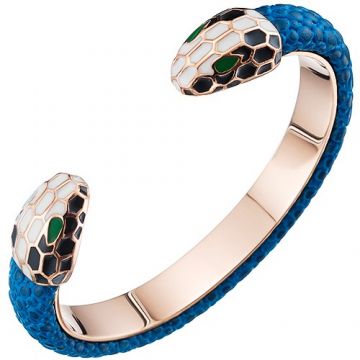 Clone Bvlgari Serpenti Blue Leather Decked Rose Gold-plated Cuff Bangle Double Snake Head Sexy Women UK