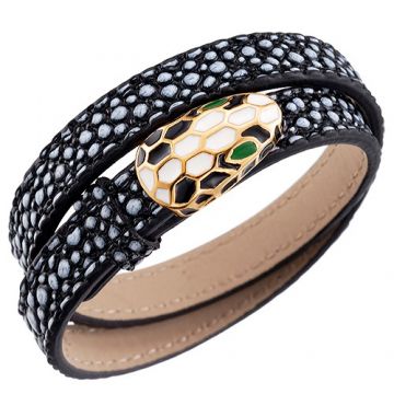  Bvlgari Serpenti Black & White Leather Bracelet Gold-plated Edge Twice Price France For Women/Men
