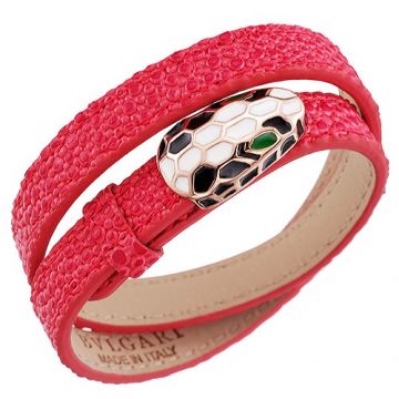 Bvlgari Serpenti Women's Rose Gold Color Snake Head Studded Enamel Red Leather Bracelet 2018 Sale