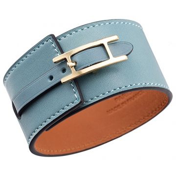 Hermes Hapi Wide  Light Blue Leather Bracelet Yellow Gold-plated Buckle Best Gift Unisex Sale 