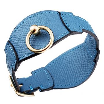 Hermes Unisex Light Blue Leather Yellow Gold Plated Clasp Bangle Online Store Dubai Good Review 