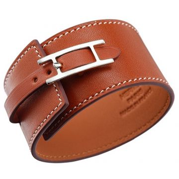 Hermes  Hapi Wide Vogue Silver Hardware Brown Leather Bracelet Street Style Unisex America Price   