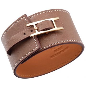 Hermes  Hapi Wide Brown Leather Bracelet Celebrity Gold-Plated H Buckle Sale For Unisex UK