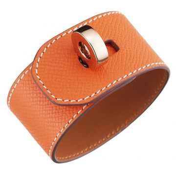 Hermes Hip Hop Fake Orange Leather Wide Bracelet Gold-plated Rotatable Buckle For Female America Price