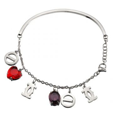 Dupe C De Cartier Silver Studded Red/Purple Crystals Chain Bracelet Screw Charm Price France Lady