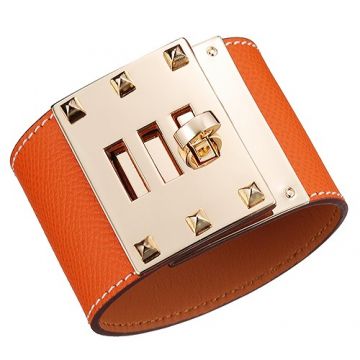 Hermes Women's Kelly Dog Yellow Gold Plated Hardware Orange Wide Leather Bracelet Rock And Roll