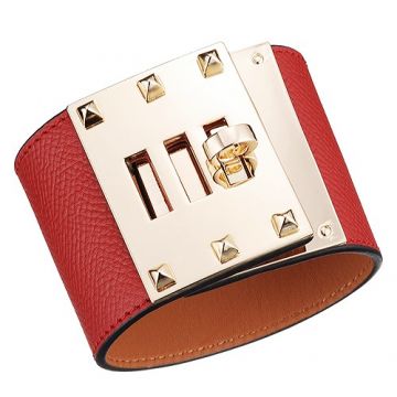  Hermes Kelly Dog Gold-Plated Rotating Buckle Wide Red Leather Bracelet Colorful Party USA H072970CC53T2