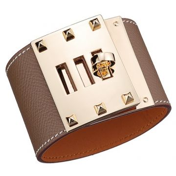  Hermes Kelly Dog Yellow Gold Plated Rotating Buckle Grey Wide Leather Bracelet Street Fashion