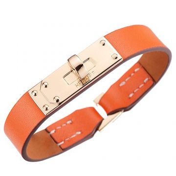 Knockoff Hermes Micro Kelly Orange Leather Bracelet 316L Steel Party Style Rotating Buckle Price USA