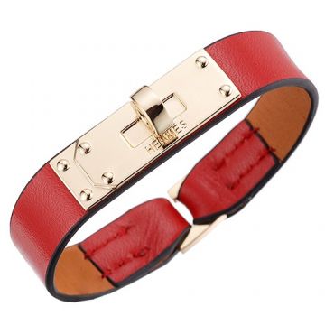 Hermes Sexy Micro Kelly Red Leather Bracelet Yellow Gold Plated Buckle Price Singapore For Lady 