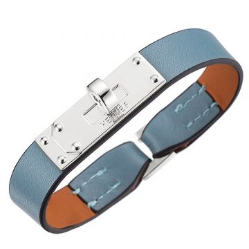 Wholesale Hermes Micro Kelly Silver-Plated Rotating Buckle Light Blue Leather Bracelet Celebrity Online Shopping India