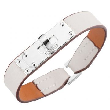 Hermes Micro Kelly Chic Style White Leather Bracelet Silver-Plated Buckle Women & Men Online Shop America