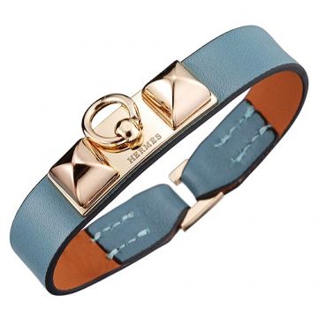 Hermes Micro Rivale Unisex Light Blue Leather Bracelet Yellow Gold Plated Buckle On Sale UK