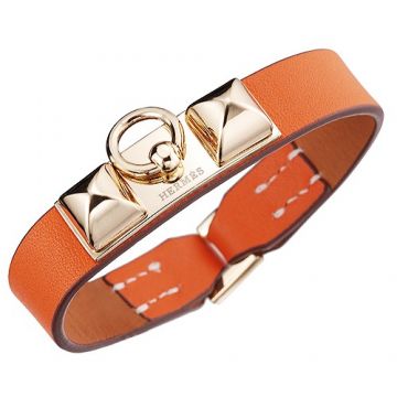 Hermes Replica Micro Rivale Gold-Plated Buckle Orange Leather Bracelet Price Singapore Women/Men Online Store