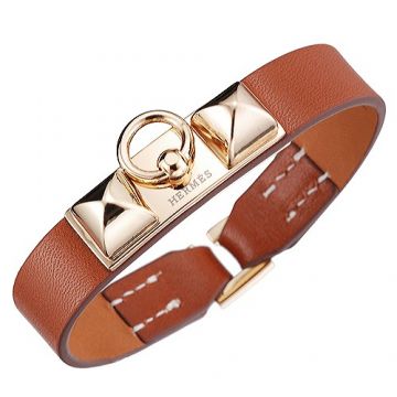 Hermes Unisex Micro Rivale Orange Leather Bracelet Gold Plated Charm Chic Style  Celebrity US 