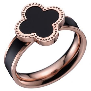 VCA Magic Alhambra Black Enamel Rose Gold Color Ring Clover Decoration Rock Style NYC Girls