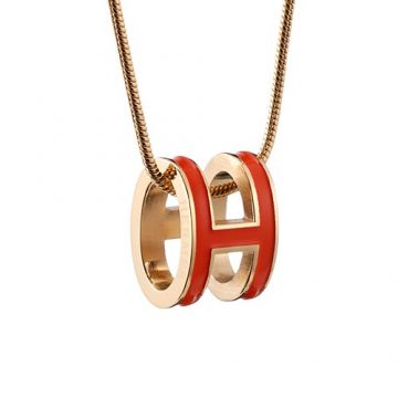Hermes Pop H Hollow Pendant Red Lacquered Gold-plated Chain Necklace Party Style Price Women