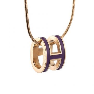 Hermes Pop H Purple Lacquer Studded Pendant Yellow Gold-plated Necklace For Unisex Paris 